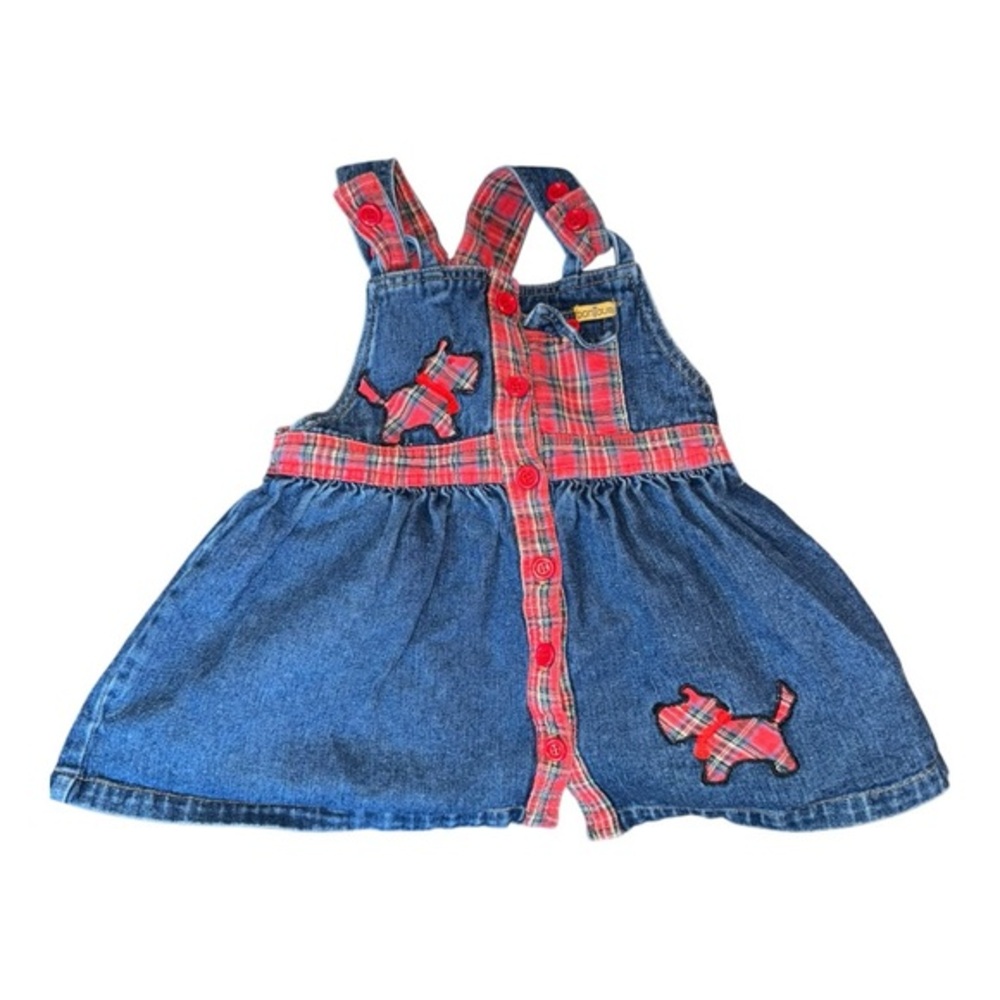 Vintage 80's 90's Bonjour Brand‎ Jean Denim Overalls Dress Red Plaid Skirt 3T